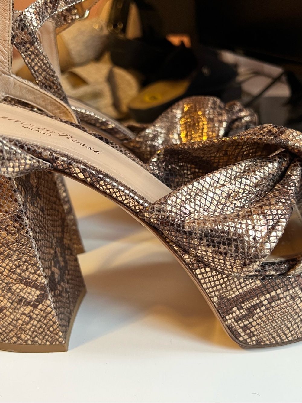 Milano Metallic Snake-Print Knot Heels in Bronze - Picture 3 of 5